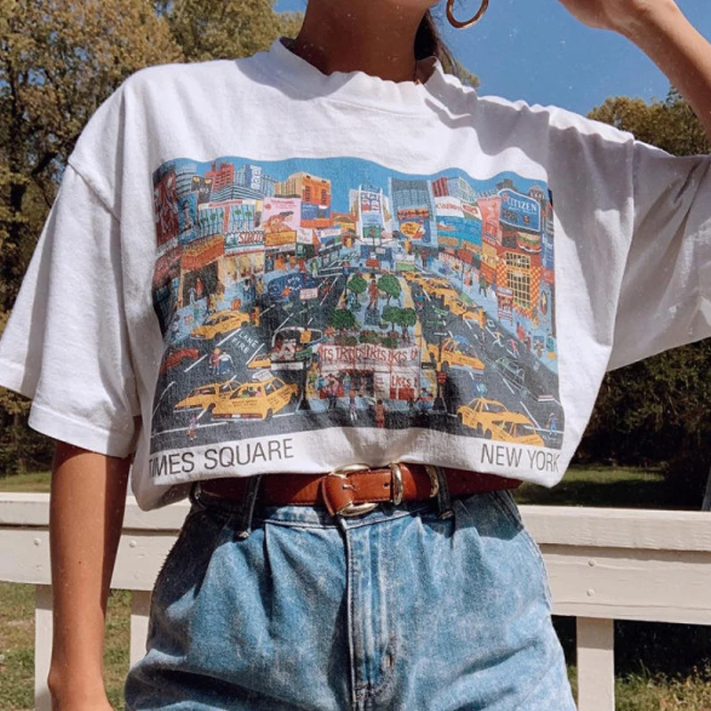Vintage Aesthetic Women T Shirt Harajuku Time Square New York Print Cotton Short  Sleeve Casual Streetwear Graphic Tee Y2k Tops - T-shirts - AliExpress