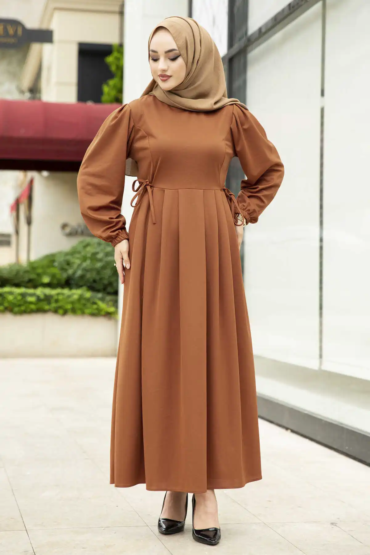 pleated-side-tied-hijab-dress-check-pattern-hijab-woven-dress-knitted-cardigan-suit-muslim-fashion-dress-abayas-women-dubai-abay