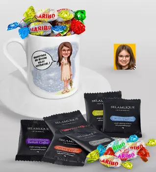 

Personalized Female Child Easy Grow Caricature Of Turkish Coffee Cup Selamlique Mixed Turkish Coffee house And Haribo Candy GIFT S