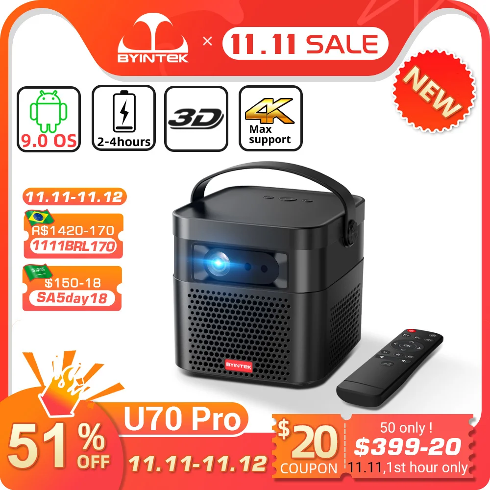 PROD 1005002669863337 BYINTEK U70 Smart 3D 300inch Android WiFi
Portable 1080P LED DLP Mini Projector Full HD For 4K Cinema Smartphone
with Battery
