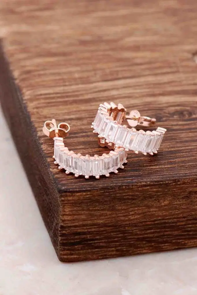 

Baguette Cut Zircon Rose Silver Earring 1408 High Quality Hand Made Original Filigree Silver Jewellery Gift for Women