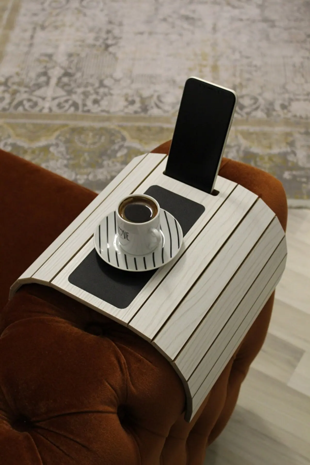 Wooden Side Table With Phone Stand Sofa Tray Mat 50x28 cm Placemat Center Leather Decorative Armrest  Non Slip Folding Design