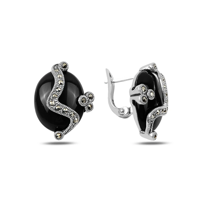 

Silver 925 Sterling Marcasite & Onyx Stone Earrings