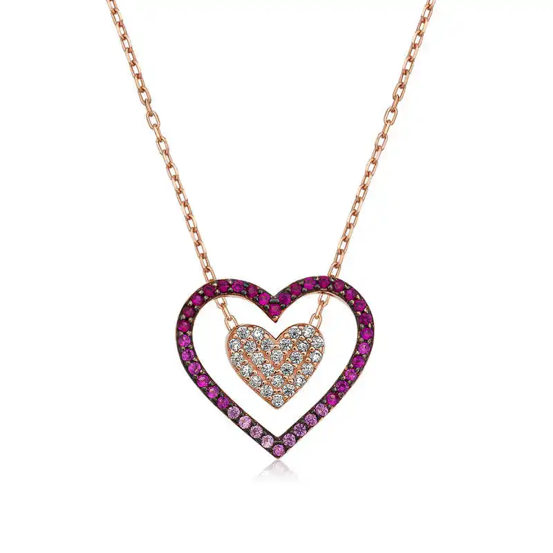 KUTAYDAN 925 Sterling Silver Two Heart Woman Necklace