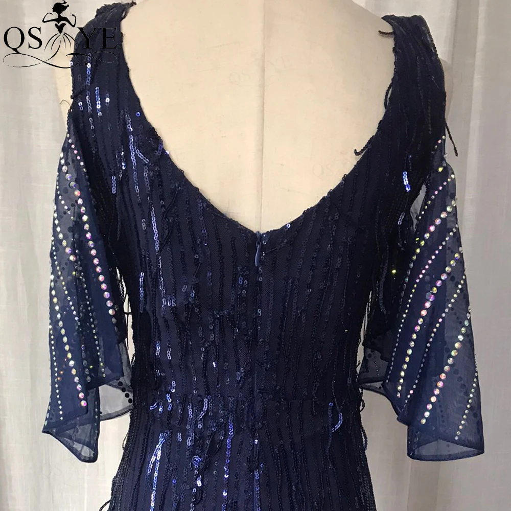 Navy Feather Evening Dress Sequin Mermaid Party Gown Flatter Side Sleeves Stretch Formal Dress V Neck Dark Blue Prom Gown 2022 hot pink prom dress