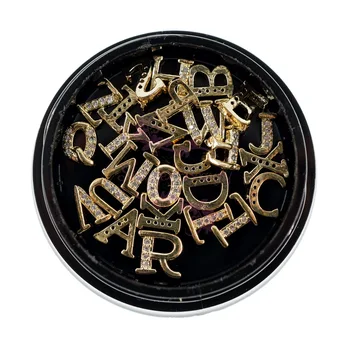 

1 Pot 26 Alphabet Letter Clear Zircon Rhinestones Gold Metal Nail Art Charms DIY Design Decorations Accessories