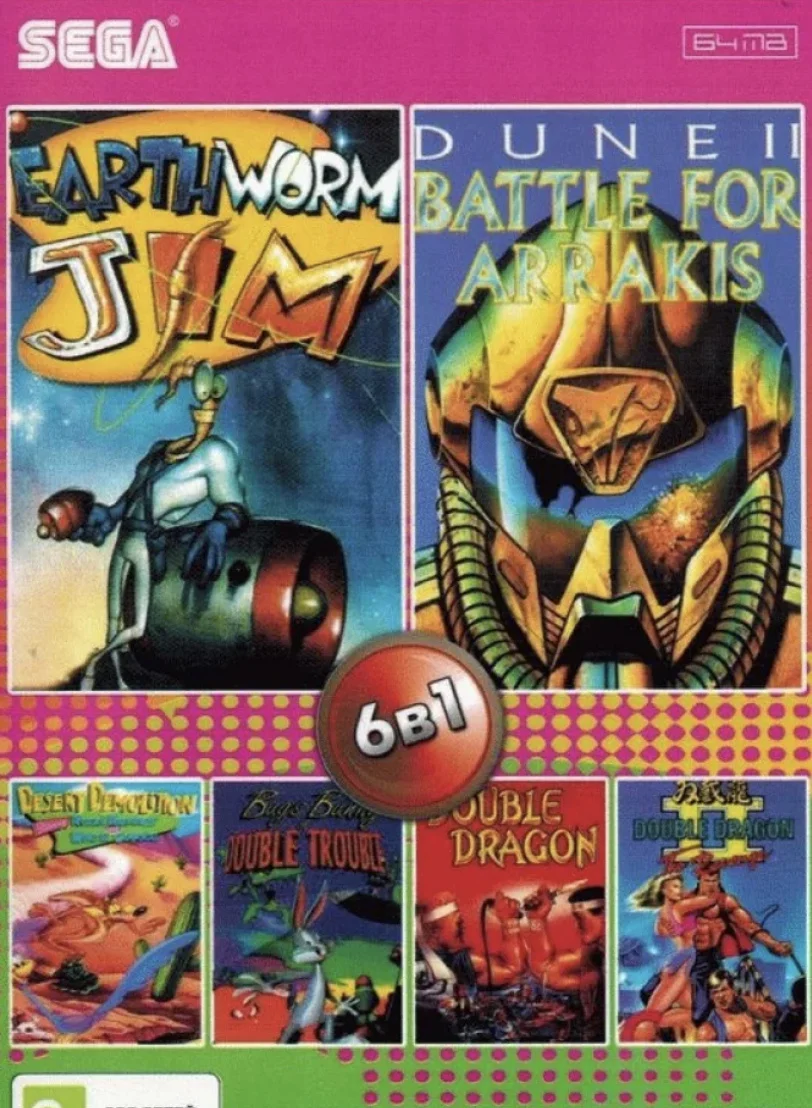 Картридж 16-bit сборник 6в1 Bugs Bunny Desert Demolition Double Dragon 2 Dune Earthworm Jim для SEGA MEGA D |