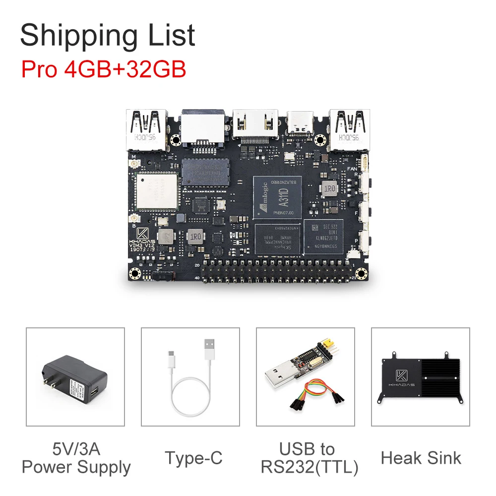 Bundle4 Khadas VIM3 одноплатный компьютер Amlogic A311D с 5,0 топами NPU AI tensorflow x4 Cortex-A73 x2 A53 ядрами SBC android linux - Комплект: Bundle4