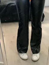 Pantalones de pierna ancha para mujer, pantalón de cintura alta, elástico, de cuero PU, con bolsillos, ropa de calle