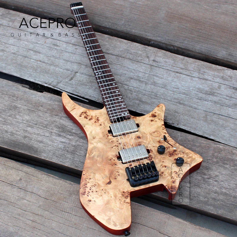 Eart W2 Headless Electric Guitar with African Rosewood Body Natural Color Burl Maple top 24 Frets Satin Finish Black Hardware | Спорт и