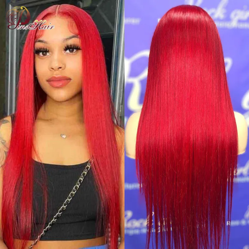 Bone Straight Transparent Lace Wig Red Lace Front Human Hair Wigs