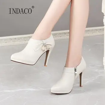 

Autumn Platform Boots Leather Ankle Boots for Woman Thick High Heel Fashion Design Shoes Pointed Toe 10.5cm