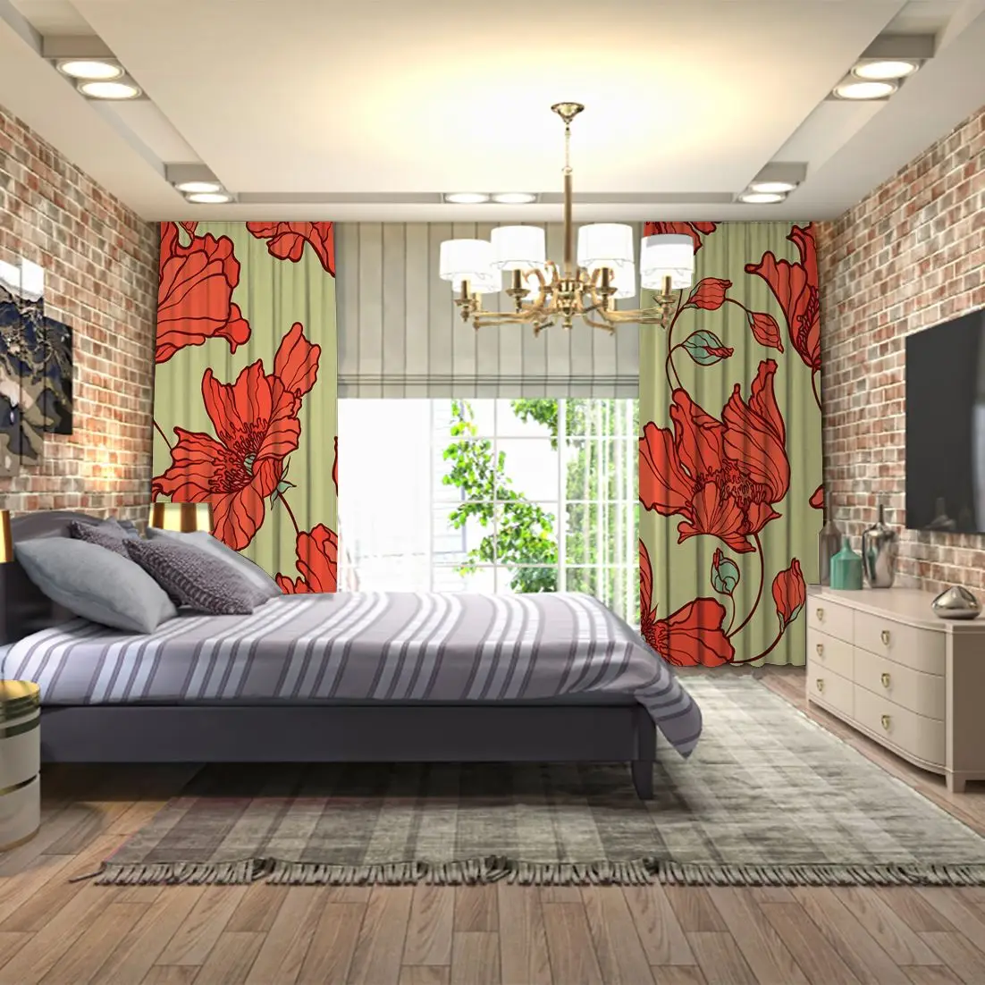 Poppy Flowers Buds природа Лето Цветочный Сад классический цветочный узор работа коралловый зеленый занавес