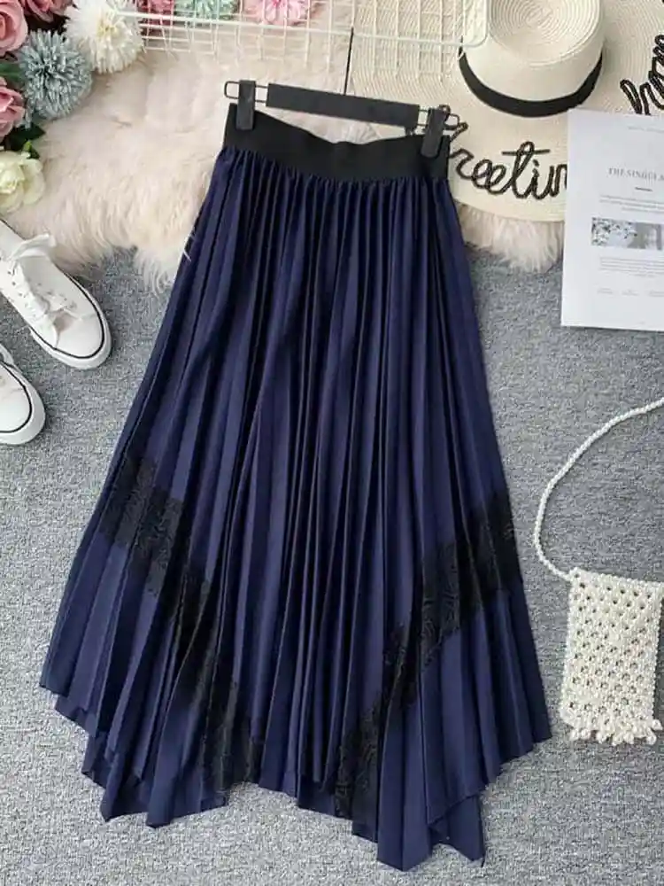 

2019 Summer Skirts Womens Fashion Casual Simple High Waist Solid Color Pleated Chiffon Irregular Hem Long Section Female Skirt