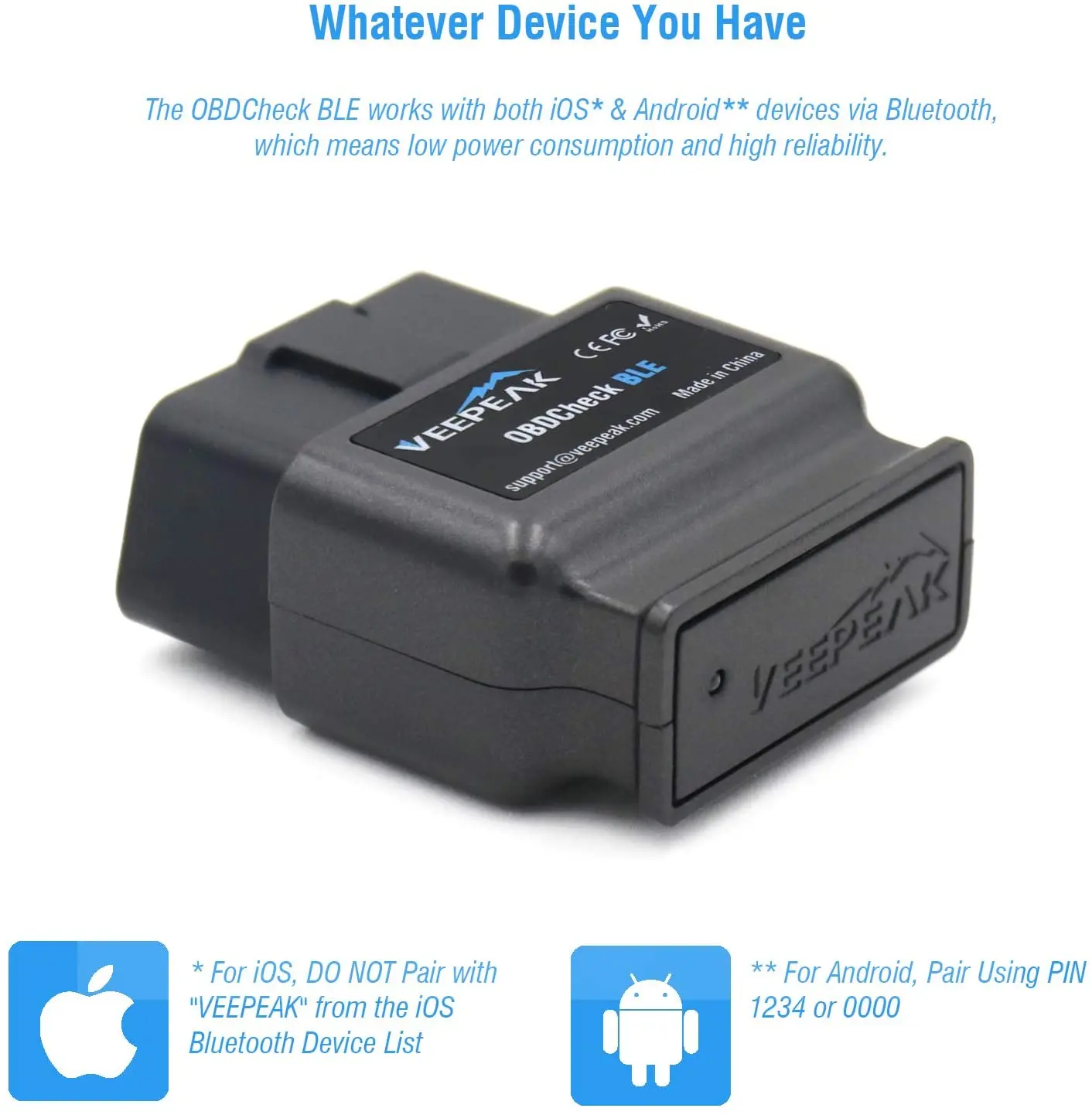 Veepeak OBDCheck BLE OBD2 Bluetooth Scanner Auto OBD II Diagnostic Scan Tool for iOS & Android, BT4.0 Car Check Engine car battery charger