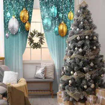 

Curtain New Year Decoration With Golden Silver Baubles Fir Tree Branches Snowflakes Yellow Green White