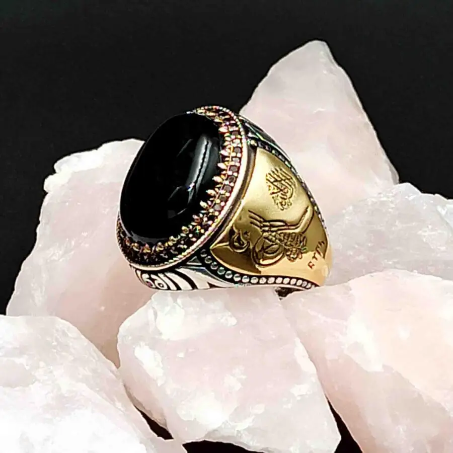 

Silver Men Oval Black Onyx Gemstone Ring Ottoman Tughra with Crescent Star Motif Ring Handmade Vintage Accessory