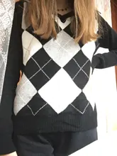 HEYounGIRL otoño negro V cuello de punto Vintage suéter Casual Argyle Jersey escocés mujeres Y2K estilo Preppy Jersey manga larga 2021