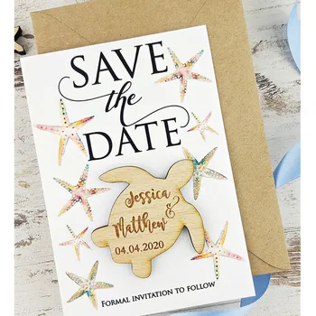 

Beach Turtle Save the Date Magnet, custom rustic Wedding Wood Favors magnets, Engraved Wooden invitation, Wedding Gift for Guest