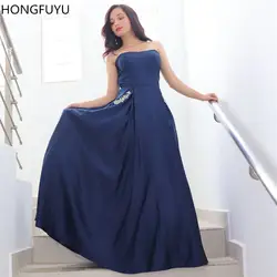 HONGFUYU A Line Вечерние платья Длинные элегантные атласные vestido de festa без бретелек Вечерние платья для выпускного вечера для женщин с карманами