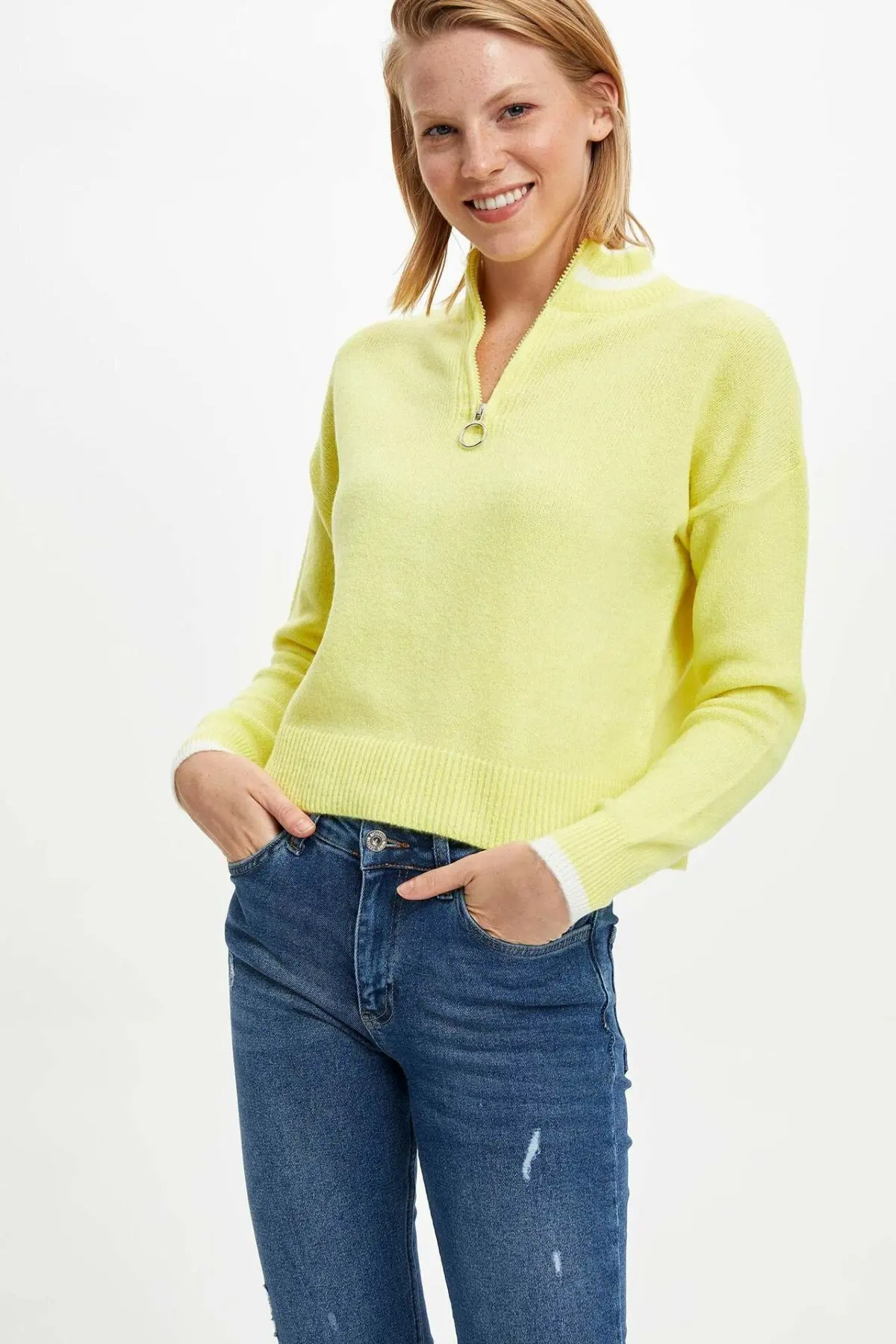 

DeFacto Woman Solid Color Long Sleeve Knitted Pullover Women Zipper Casual Tops Female High Collar Top Cloth-L1855AZ19WN