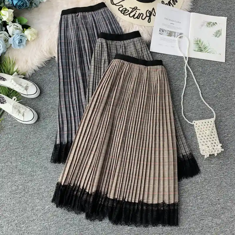 NiceMix Винтаж Harajuku клетчатая Высокая талия женские плиссированные юбки осенние длинные юбки эластичная талия линия лоскутное кружево Faldas Muje