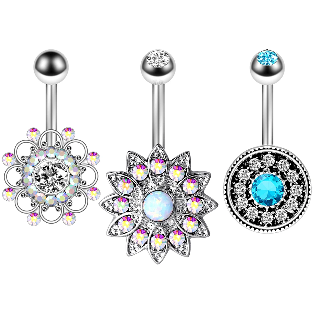 Freedom Fashion 316L Surgical Steel Teal Blue Flower Navel Ring Sold by Piece