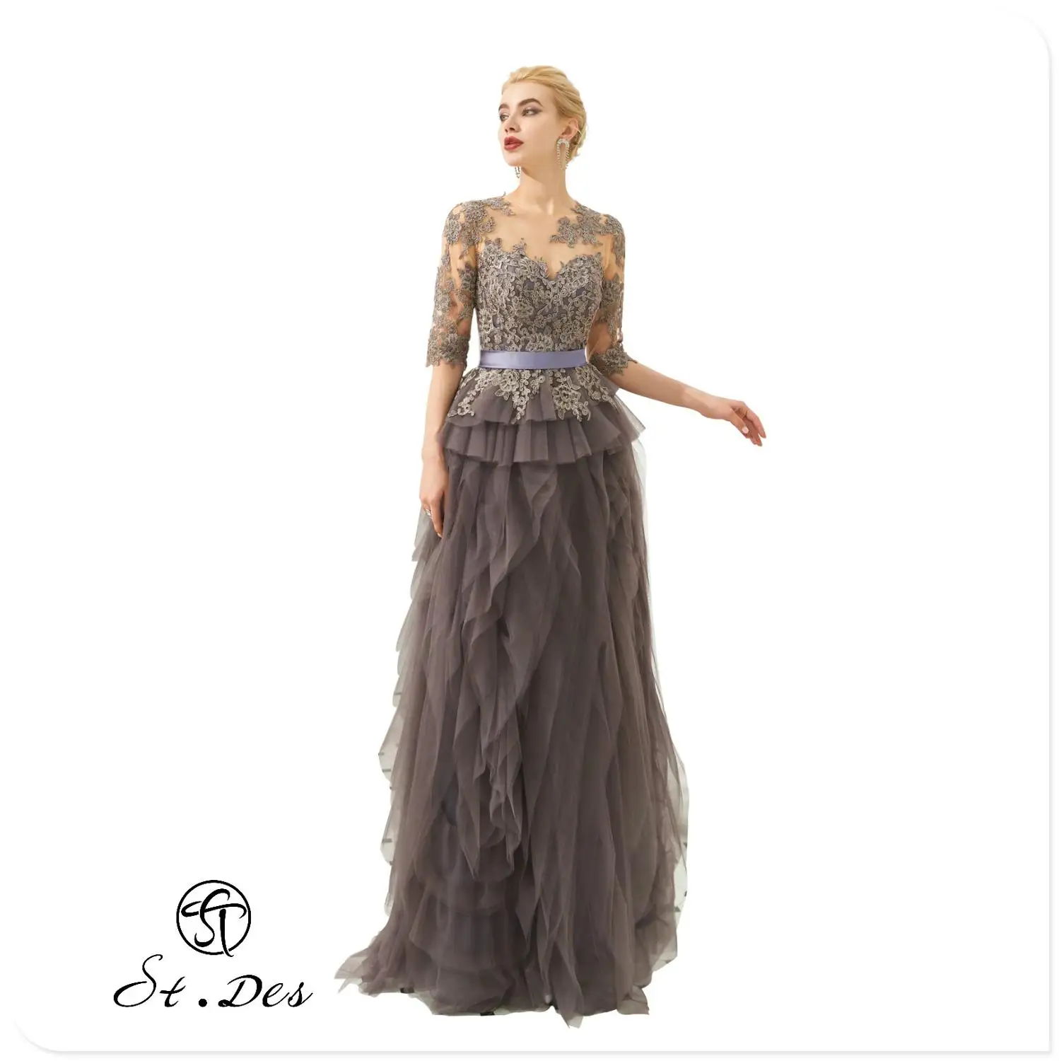 

NEW 2020 St.Des Brown A-line Russian Lace Sweetheart Sequins Mid-sleeve Designer Floor Length Evening Dress Party Dress