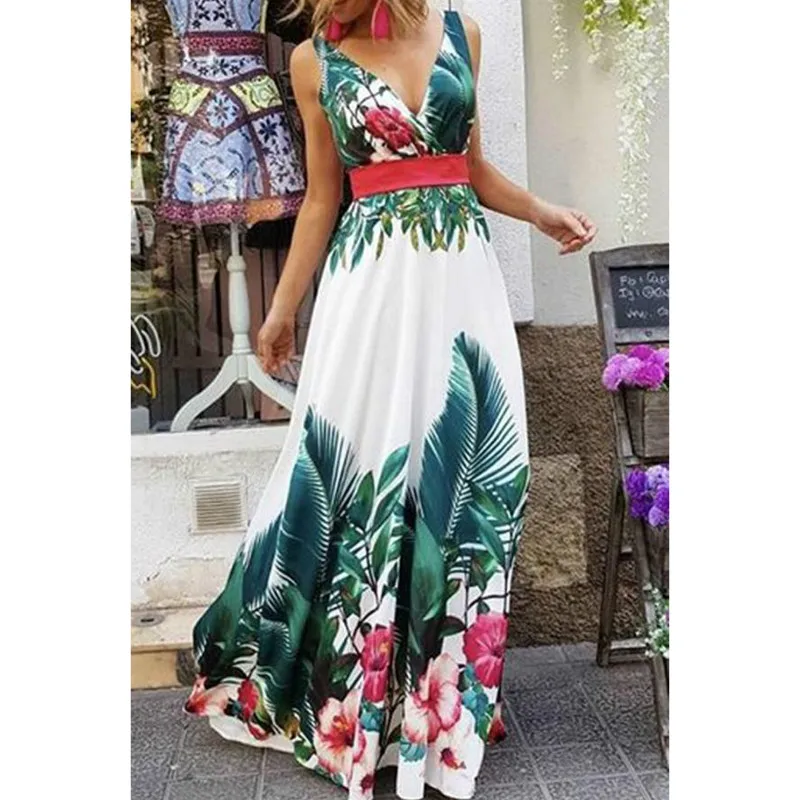 V-neck Floral B Платье без рукавов с цветочным принтом ol размера плюс, летнее женское винтажное ТРАПЕЦИЕВИДНОЕ вечернее платье vestidos, туника, Длинный Сарафан - Цвет: V-neck Floral B