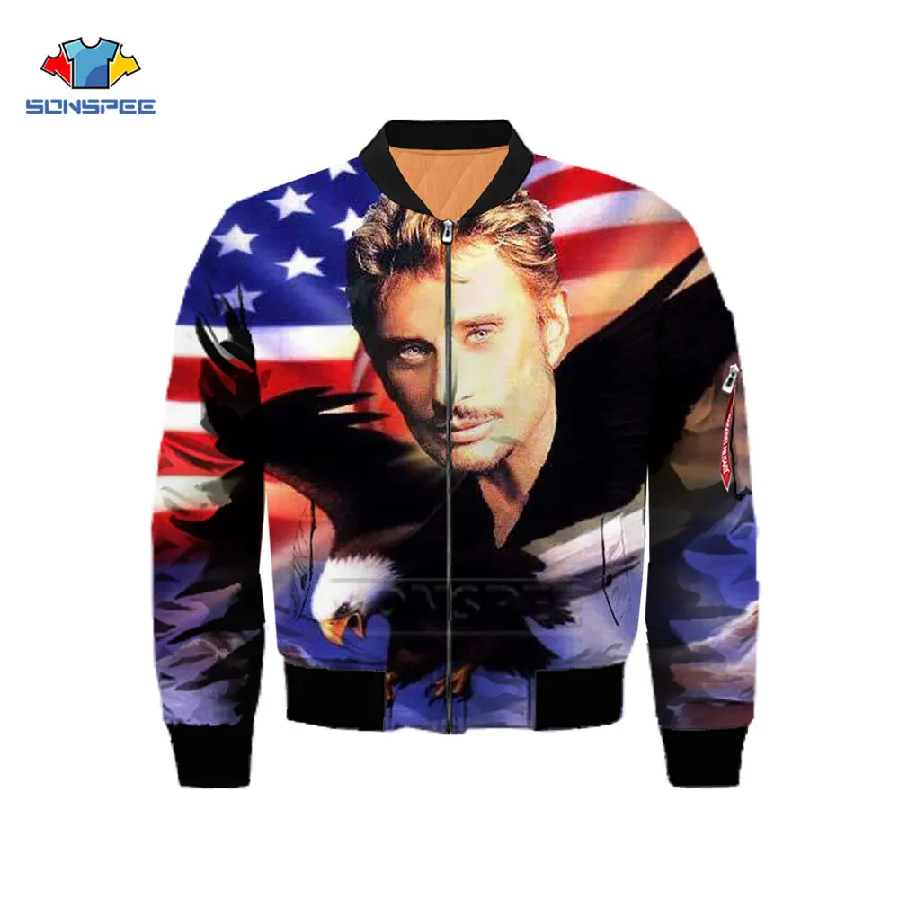 SONSPEE France Singer Johnny Hallyday 3D Print Men Winter Thicken Bomber jacket Flight Jacket Casual Army Military Tops