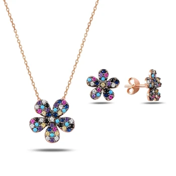 

Kutaydan Mixed Color Zircon Daisy Set 925 Sterling Silver Made in Turkey