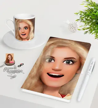 

Personalized Barbie Doll Caricature Of White Notebook Pen Turkish Coffee Cup Seti-3