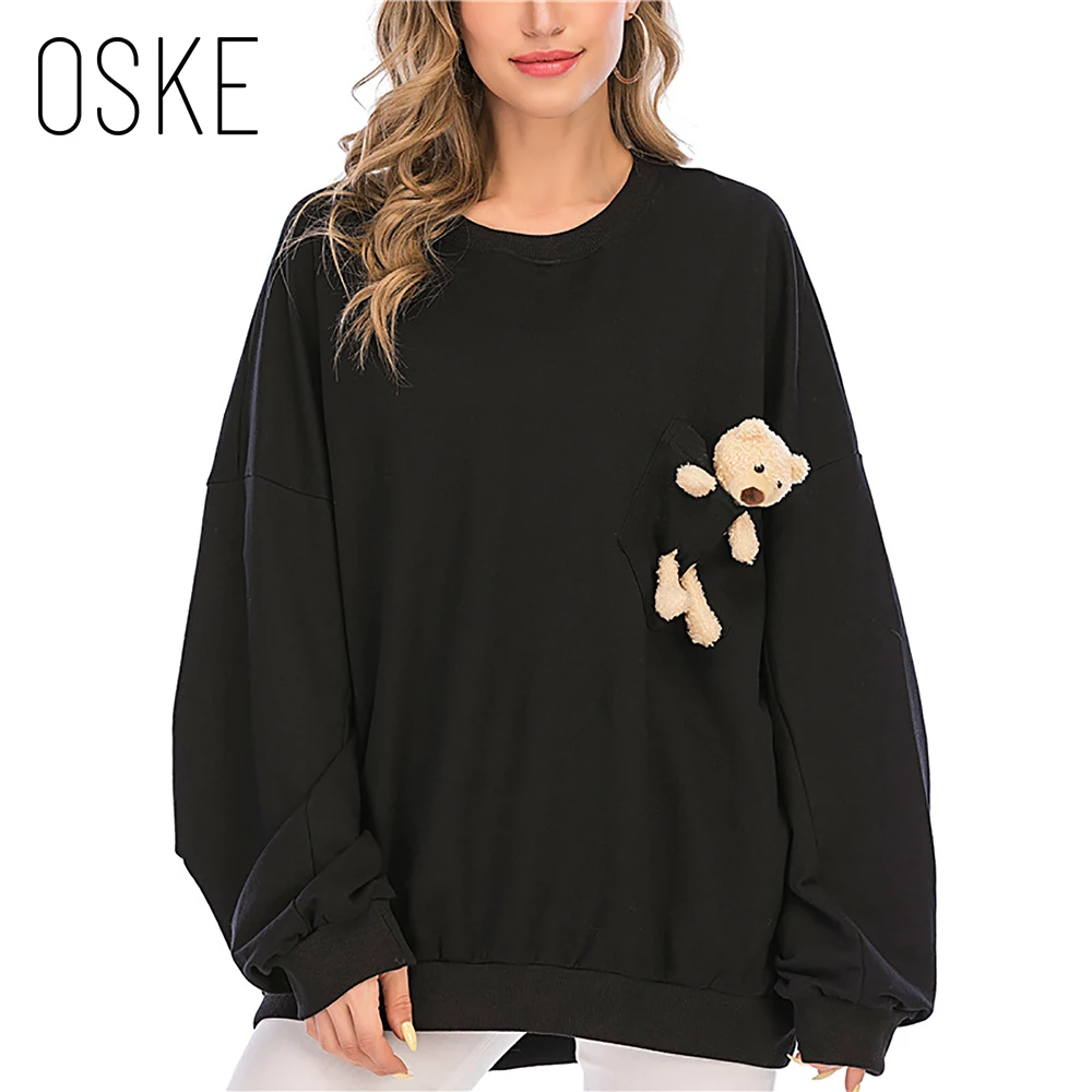 

OSKE Cute Bear Women Sweatshirt Popular Street Style Pullover Round Neck Long Sleeve Sweatshirt Women Bear Detachable Pullover