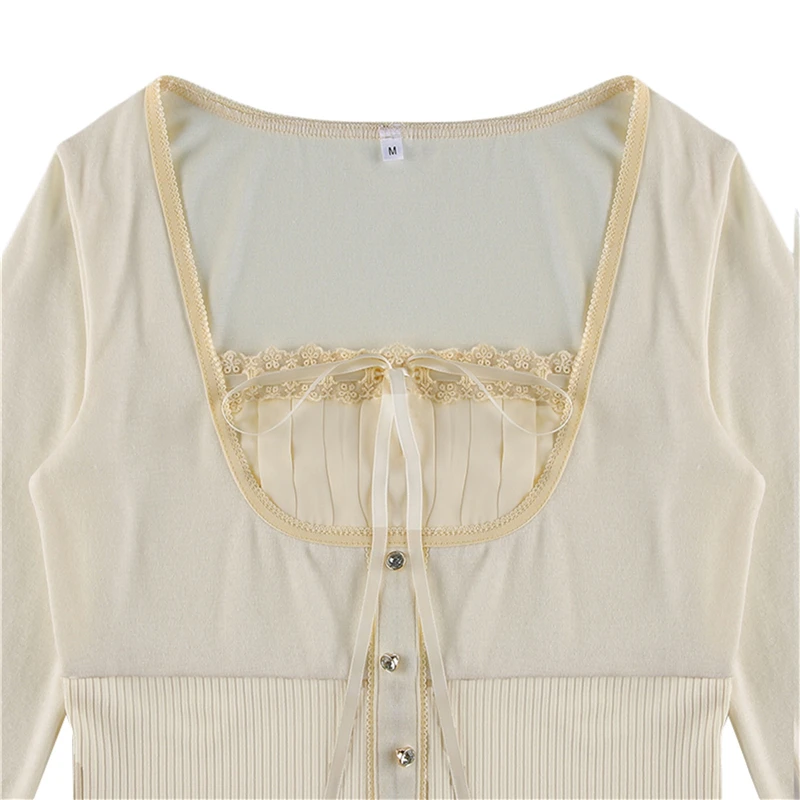 Korean Cute Y2K Retro Cotton Tops Lace Patchwork Buttons Kawaii Tshirts Autumn Square Collar Chic Casual Shirts