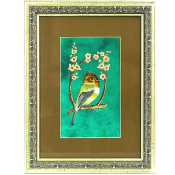 

Miniature art decorative wall frame original handicraft red throat pomegranate warbler 28x36 cm