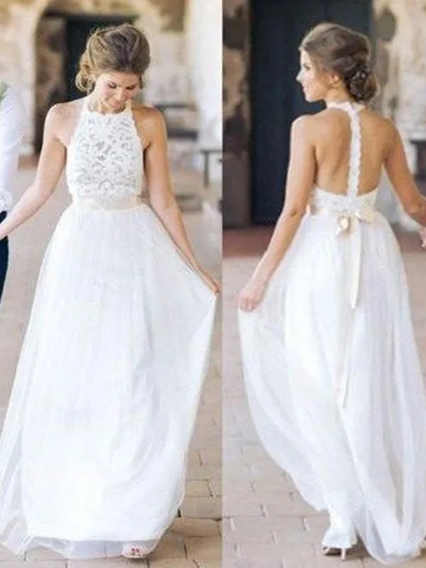 

A-Line/Princess Tulle Sash/Ribbon/Belt Halter Sleeveless Floor-Length Wedding Dresses