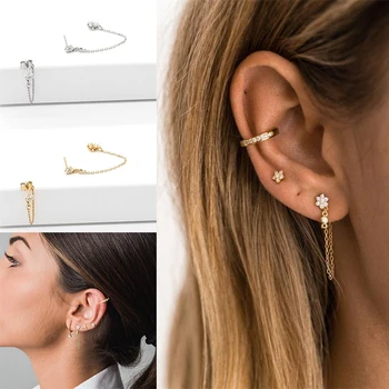 

2pcs 100% 925 Sterling Silver Stud Earrings for Women Lovers' Couples Party Luxury Bling Zircon Earring Chain Fine Jewelry