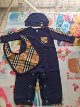 Ropa de estilo británico para bebé recién nacido, conjunto de 3 peleles a cuadros de algodón a rayas para recién nacidos, gorro y babero, moda de verano