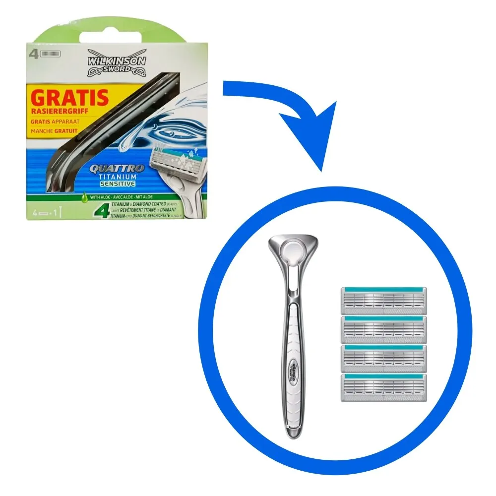 Wilkinson Sword Quattro Titanium Sensitive 1 Maniglia 4 Lame Di Riempimento.