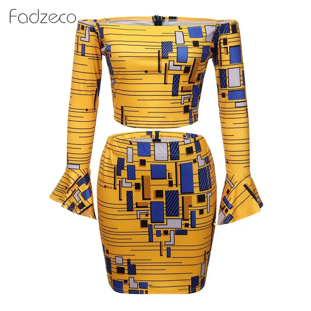 Yellow Fadzeco Новая африканская одежда для женщин Осенняя мода одно слово воротник Гофрированные Рукава принт двухсекционный комплект Топ с короткой юбкой - Цвет: Yellow