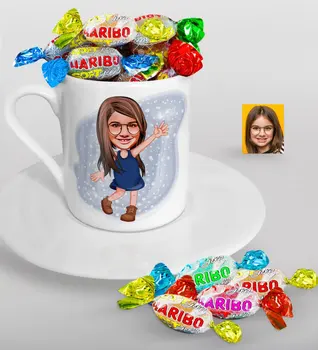 

Personalized Female Child Caricature Of Turkish Coffee cup And Haribo Candy Gift set-4