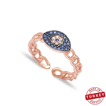 

925 Sterling Silver Adjustable Ring Evil Eye Design Sapphire Stone Turkish Handmade Mint Jewelry