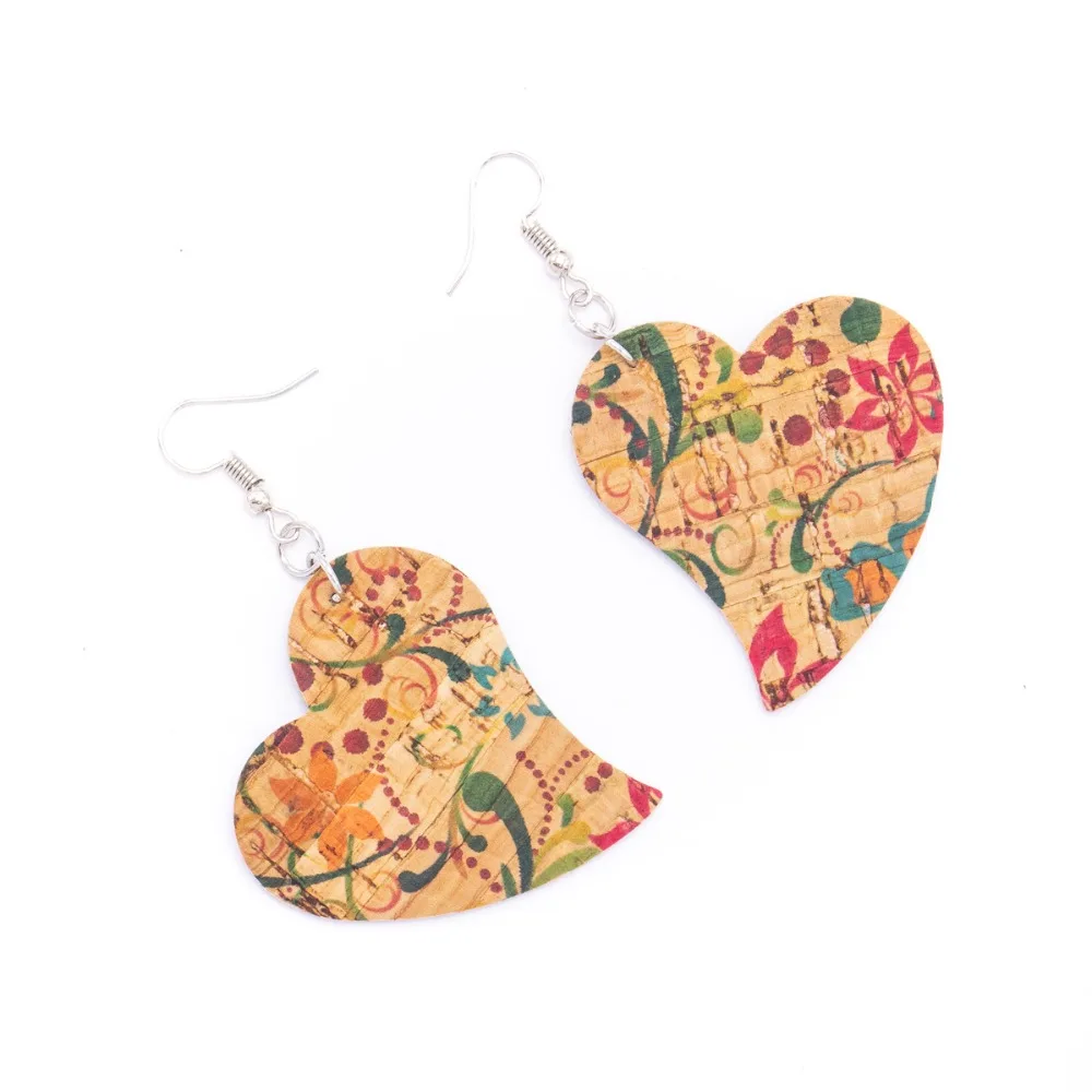 Natural cork Color printed fabric heart pendant earrings Original handmade ladies earrings-ER-110-MIX-5