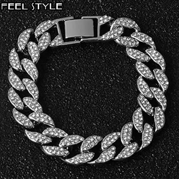 

Bling Iced Out Men's Bracelet Full Rhinestone Pave Gold Color Miami Cuban Link Chain Bracelets for Men Jewelry Hip Hop