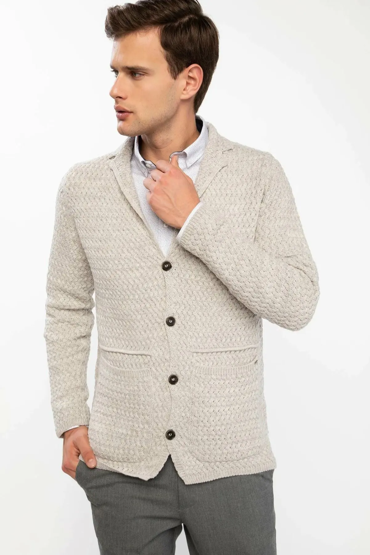 DeFacto Man Beige Knitted Cardigan Coats Men Winter Casual Long Sleeve