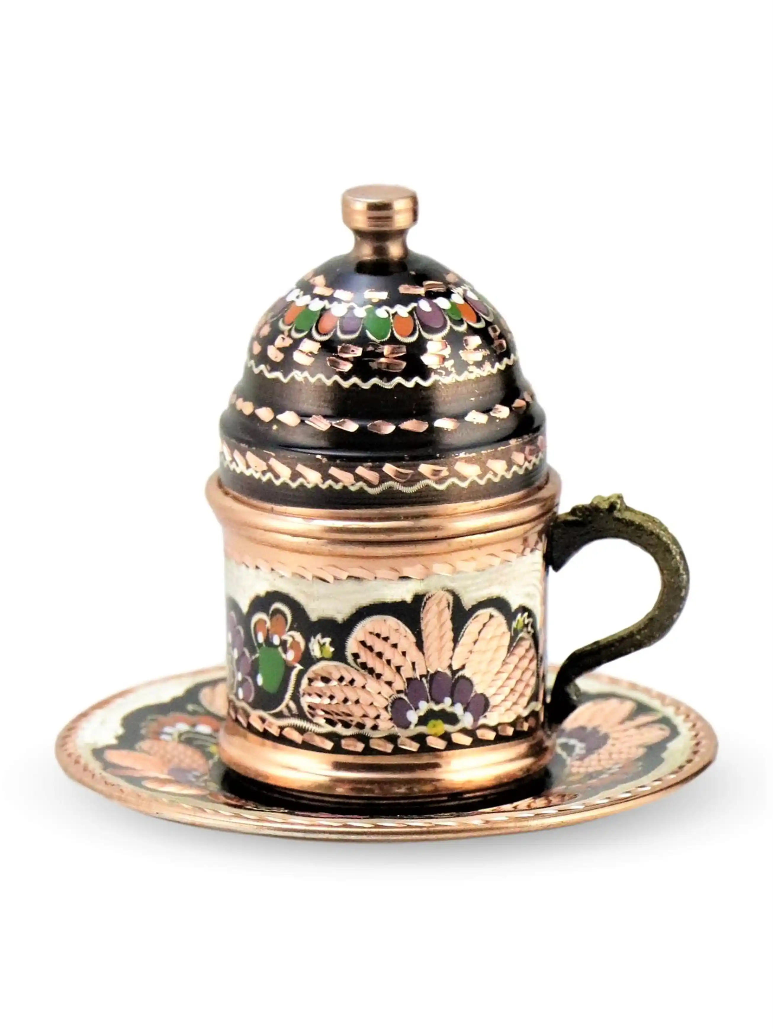 Copper Turkish Coffee Cups with Saucer and Lid Set of 2