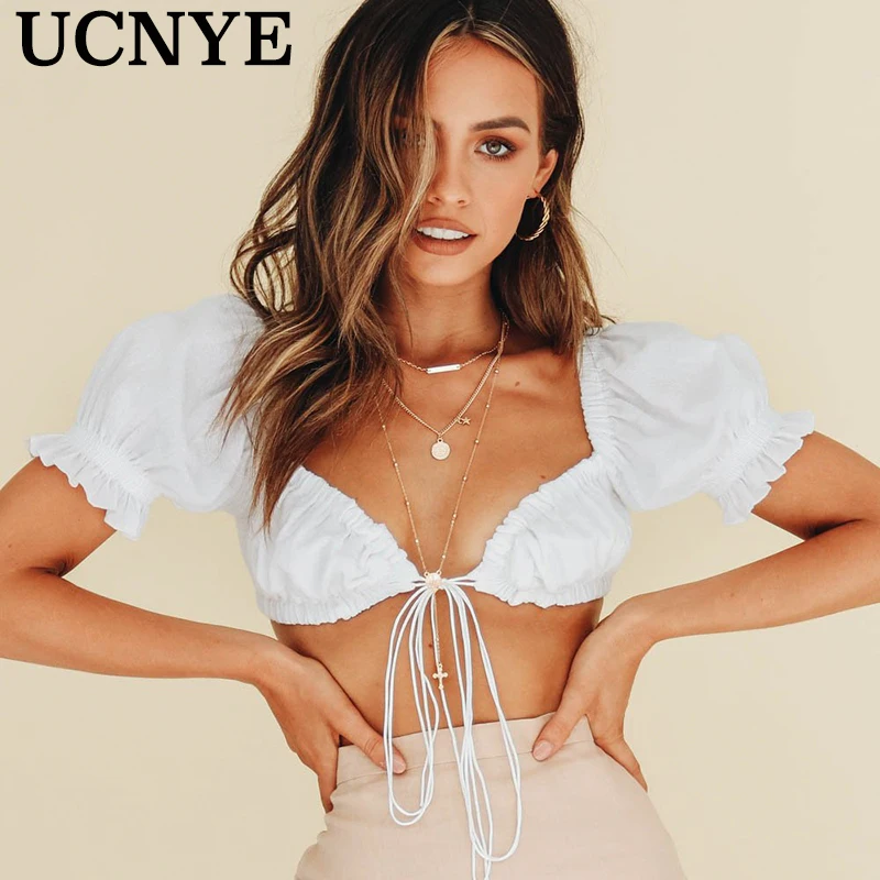 Ucny, рукав, квадратный вырез, белая, черная, рубашка, сексуальная, майка, короткий топ, женские топы, лето, весна, на шнуровке, рубашки, femme ins стиль