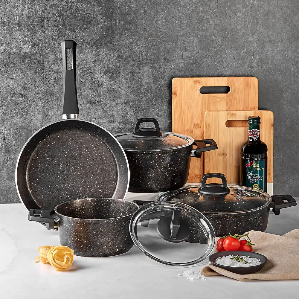 

Biogranit Marina Granite 7 Piece Cookware Set Black Color Kitchen Supplies Handy Non-Stick Frying Pan Cookware New Fast Shipping