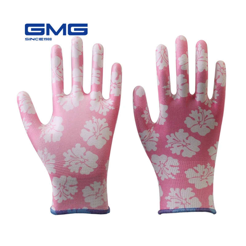 

3 Pairs Garden Gloves GMG Printed Polyester Shell White PU Coating Safety Work Gloves Women's Working Gloves Women