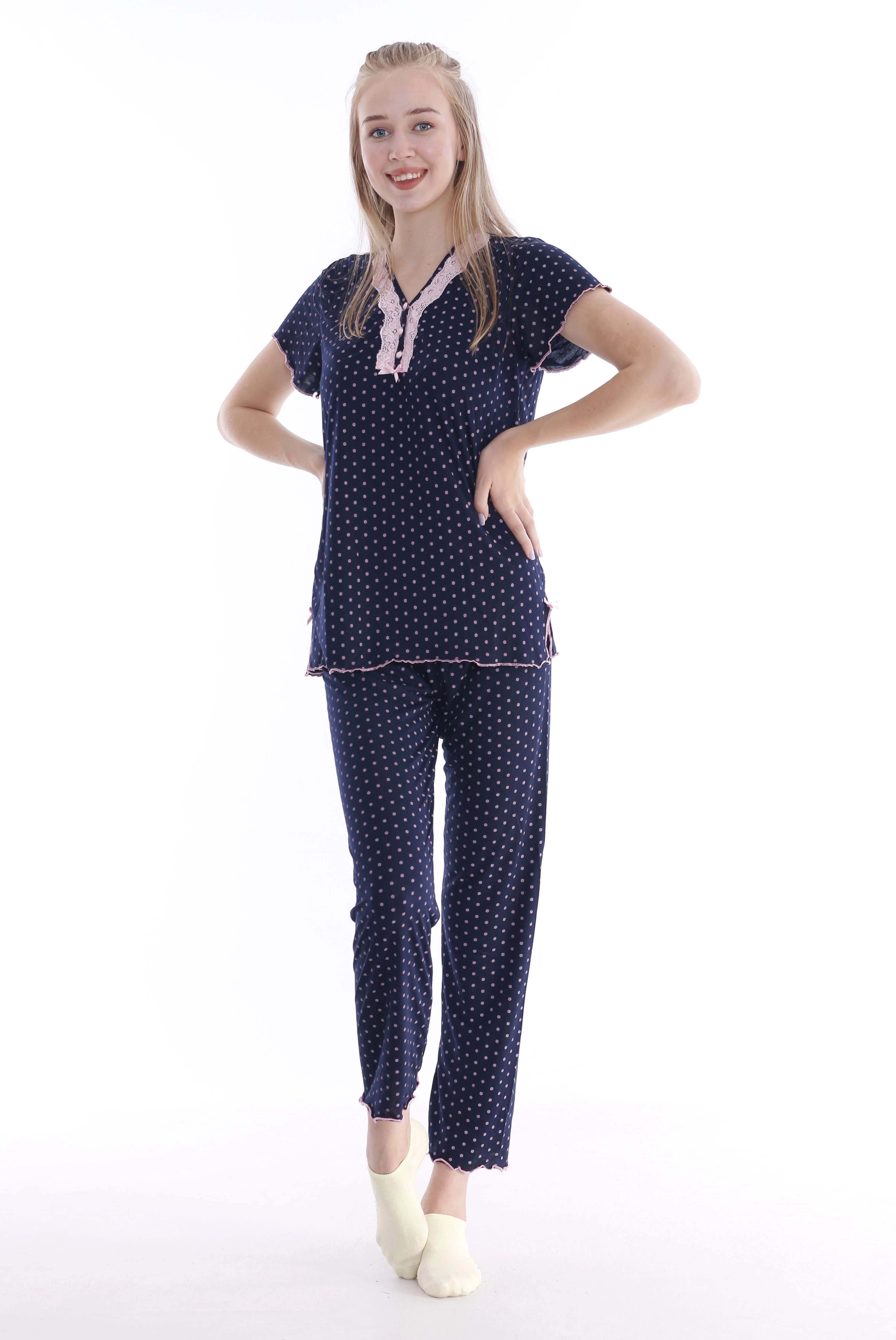 Mila Moda Puantiyeli Viskon Pamuklu Kisa Kol Pijama Takimi Lacivert Pajama Sets Aliexpress